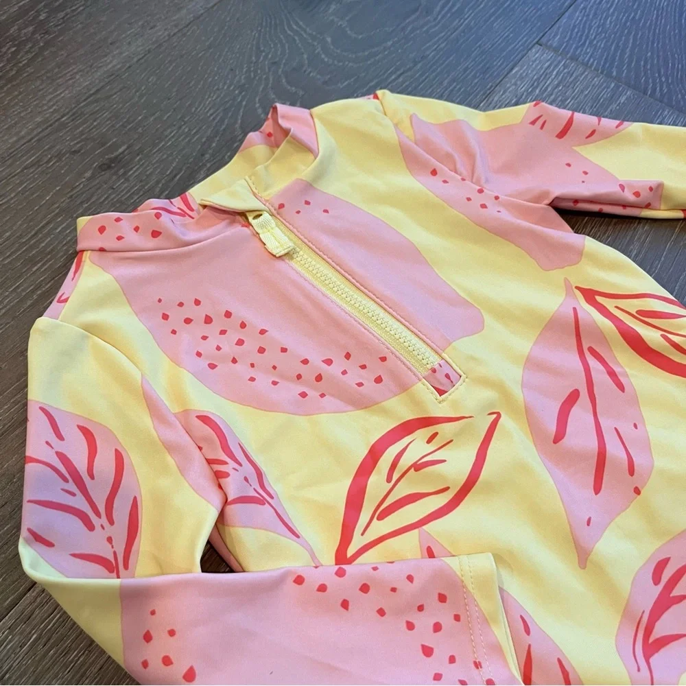 Carter's Baby Girl Ruffles Lemon Pink Yellow Rashguard Swimsuit Size 12 Months